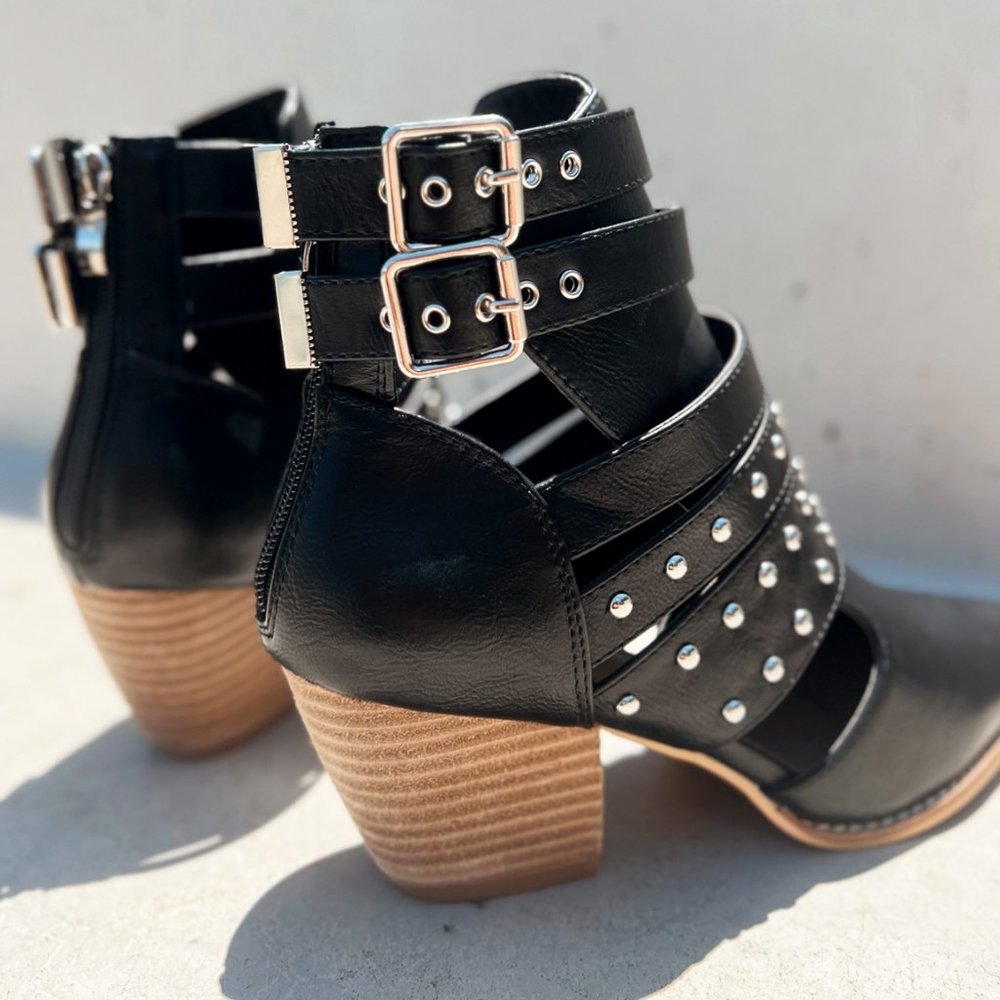 NEW Black Studded Cutout Buckle Strap Pointy Toe Block Heel Ankle Booties Vegan - Picture 4 of 16